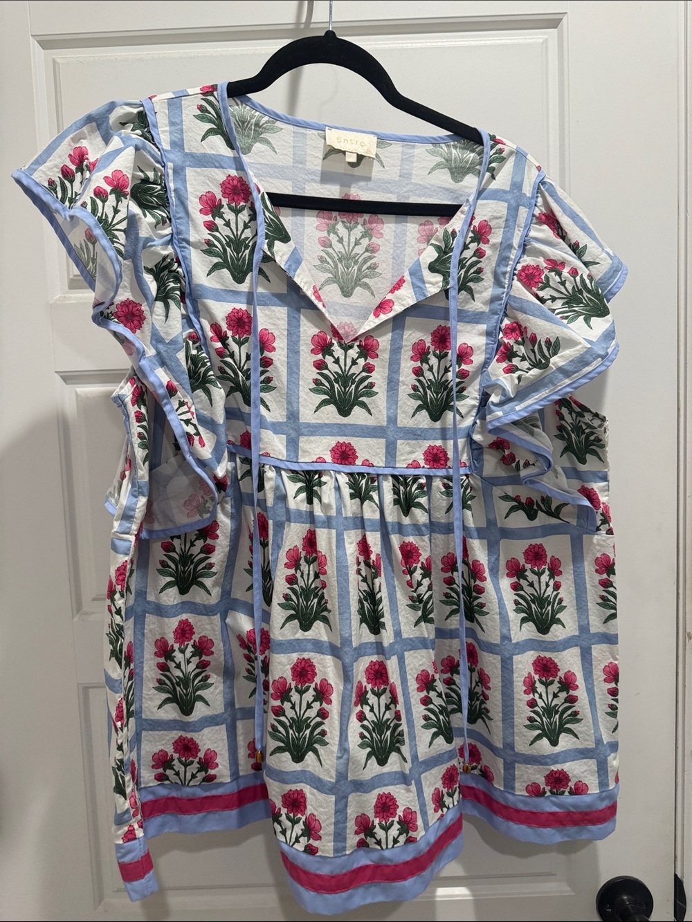 Boutique Entro Pink Floral Smocked Tunic with Blue Trim - Picture 1 of 4